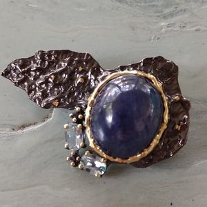 Large Blue sapphire topaz art brooch